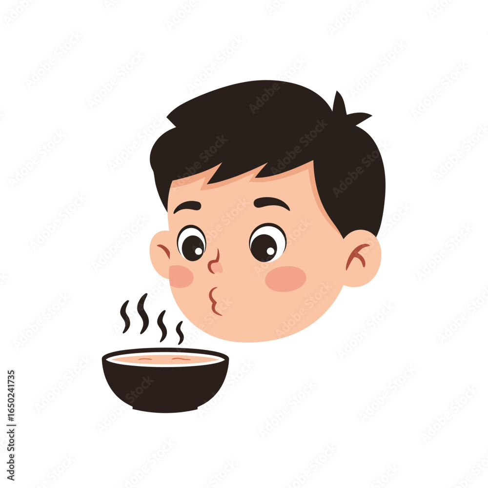 Cartoon illustration of a young boy with black hair blowing on a bowl of hot steaming soup. Cartoon illustration of a young boy with black hair blowing on a bowl of hot steaming soup.