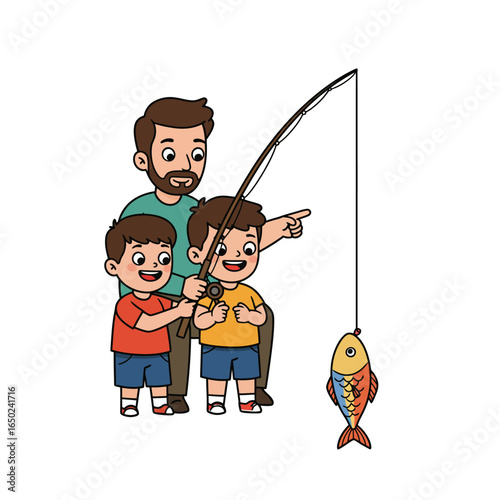 Cartoon father and two sons happily fishing one boy pointing at the caught fish on the line.