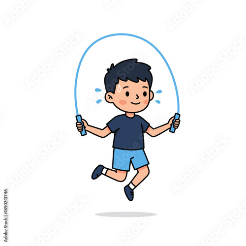 Cartoon illustration of a young boy with black hair in blue sportswear sweating while happily jumping rope.