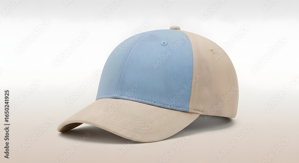 Fototapeta premium Modern two-tone baseball cap featuring light blue and beige colors, isolated on a neutral background. A stylish blank headwear accessory perfect for casual fashion or design mockups.