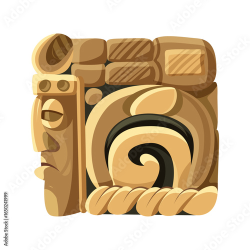Ancient Mayan Carving: Detailed illustration showcases an ancient Mayan carving, a cultural artifact capturing historical art, with smooth lines and unique symbolism.