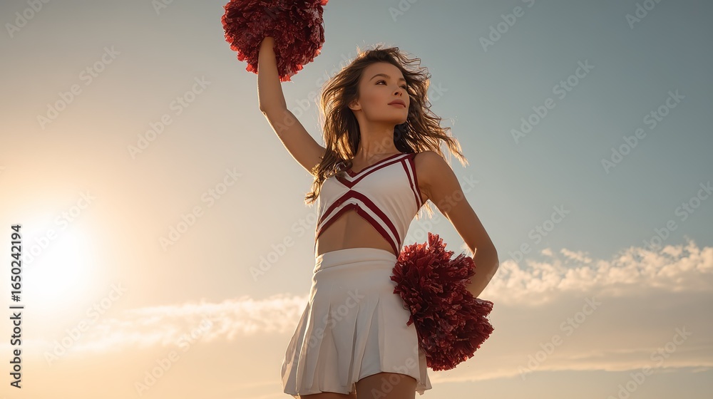© Quail 8s Studio - teenage cheerleader in white and red uniform holds red pom poms against bright sky with clouds © Quail 8s Studio - teenage cheerleader in white and red uniform holds red pom poms against bright sky with clouds