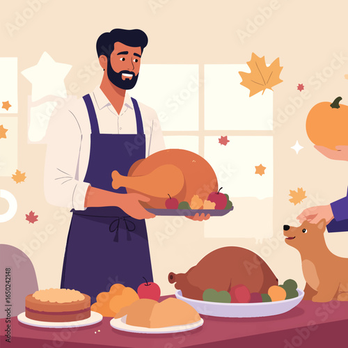 Man in apron is serving a holiday meal with turkey pumpkin and dessert, with a dog looking for attention This illustration is great for family event promotions.