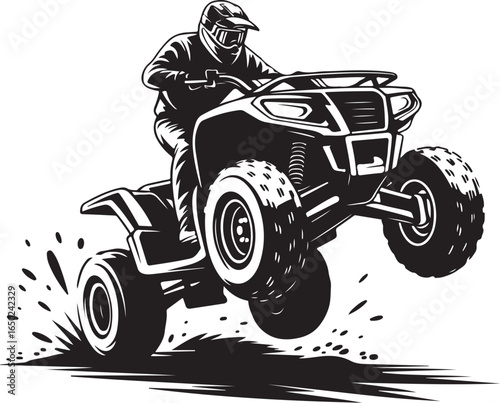Dynamic ATV rider jumps dirt track with energetic splash