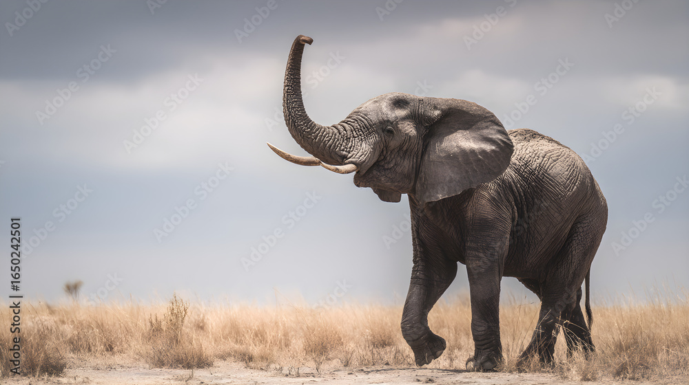 Obraz premium Majestic elephant trumpets greeting on African savanna with dry grass and cloudy sky