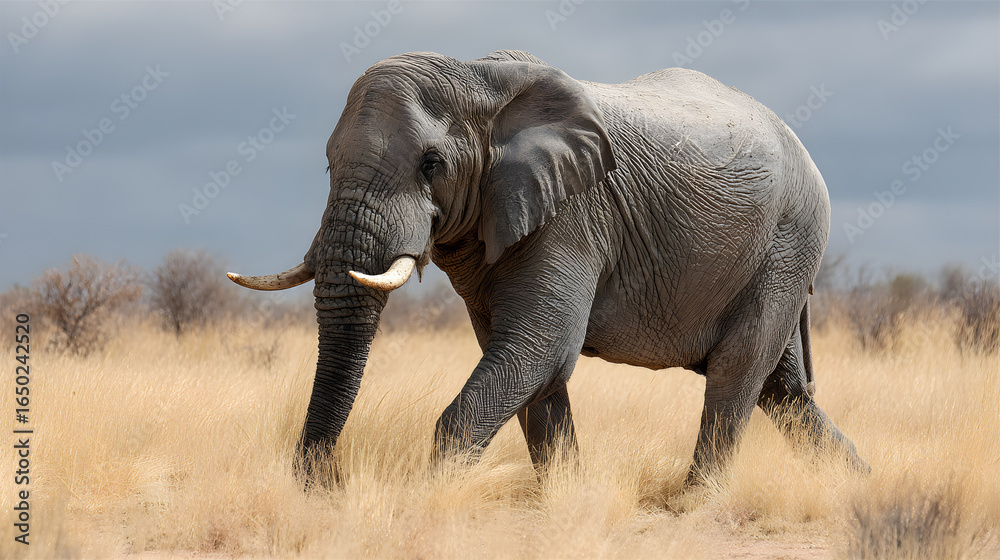 Fototapeta premium Majestic elephant strides through golden savanna grasses under a cloudy sky