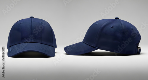 Plain navy blue baseball cap mockup shown in front and side view. Isolated on a clean light gray studio background for product presentation or design template.