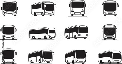 Various modern city buses in black and white silhouette, public transportation vehicles collection, urban commuter transit set, vector design icons
