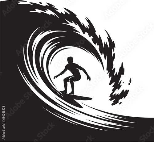 Surfer rides powerful wave in dynamic black and white