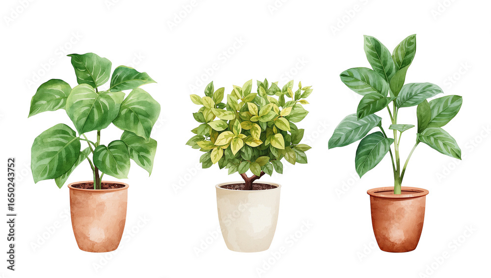 Obraz premium Elegant indoor plants in watercolor style, providing a fresh and vibrant natural aesthetic to a
