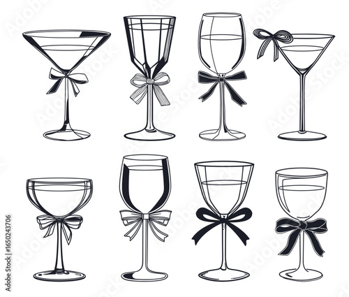 Cute coquette glasses with ribbon bows set. Line hand drawn cocktails, champagne, vine. Vector decor for new year party, wedding or bachelorette