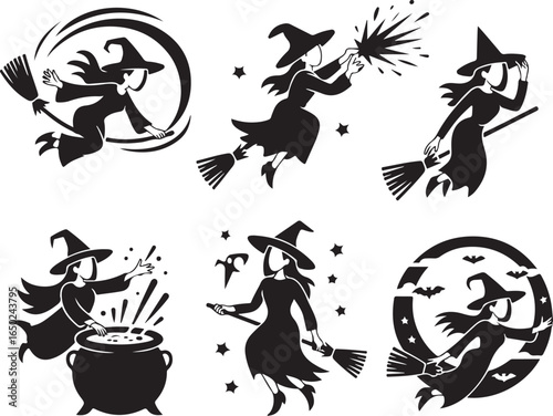 Witches flying on broomsticks casting spells and brewing potions