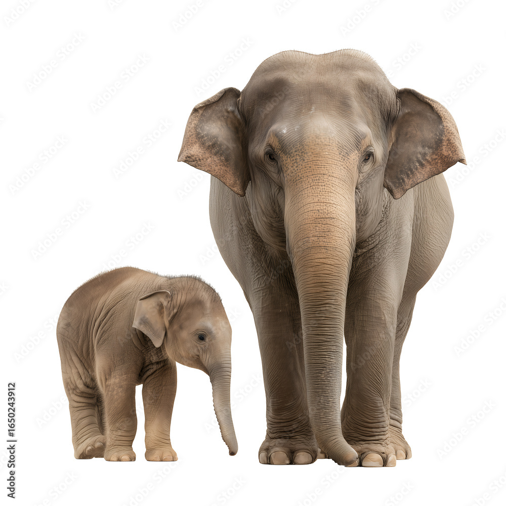 Obraz premium Mother and Baby Elephant Standing Together on White Background