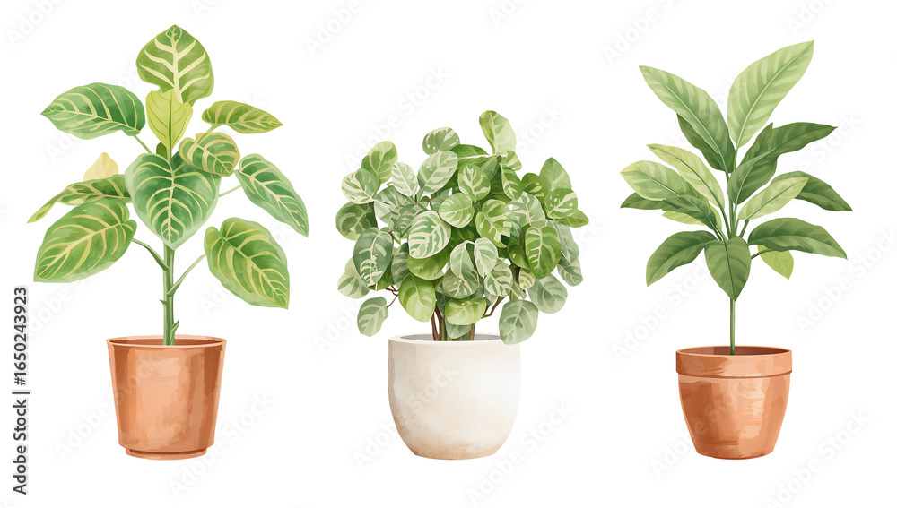 Fototapeta premium Watercolor botanical illustration of three different houseplants in pots on transparent isolated