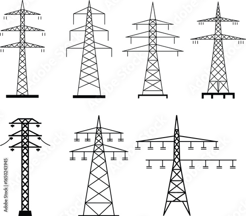 Vector Illustration of Power Transmission Towers, Electrical Poles, High Voltage Lines, Energy Infrastructure, Electricity Grid, Utility Poles, Power Line Structures