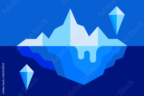 Majestic iceberg with hidden depths and floating crystals symbolizes vast potential and discovery