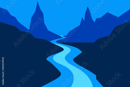 Serene blue river flows through majestic jagged mountain landscape, evoking tranquility and adventure