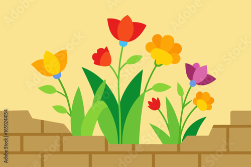 Vibrant spring flowers bloom beautifully over a rustic brick wall, bringing natural charm