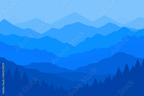 Serene blue mountain layers with silhouetted pine trees create a calming, vast landscape vista