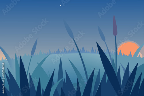 Sunset over stylized reeds and mountains creates calming and peaceful nature scene