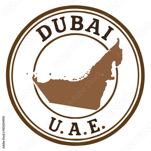 Retro grunge postal stamp featuring Dubai map silhouette, brown rubber seal design, authentic UAE travel theme element perfectly crafted for your design.