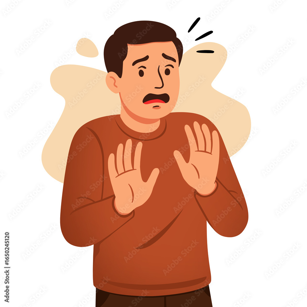 Man feeling scared refusing an offer. Man feeling scared refusing an offer.