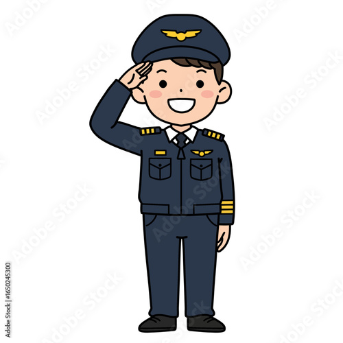 Cheerful cartoon pilot boy in a dark blue uniform saluting with a happy smile.