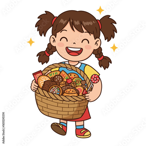 Cheerful cartoon girl with braided pigtails happily holding a wicker basket overflowing with assorted sweets and candies.