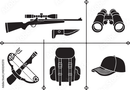 Adventure gear icons rifle crossbow backpack binoculars hat knife