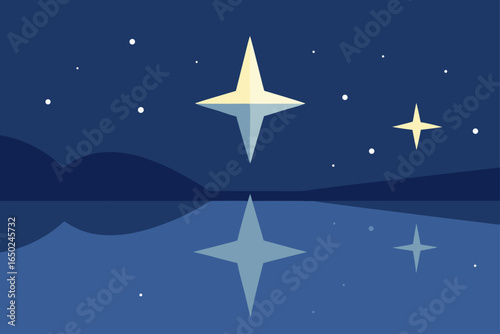 Serene night scene with twinkling stars reflected on water for calming bedtime stories art
