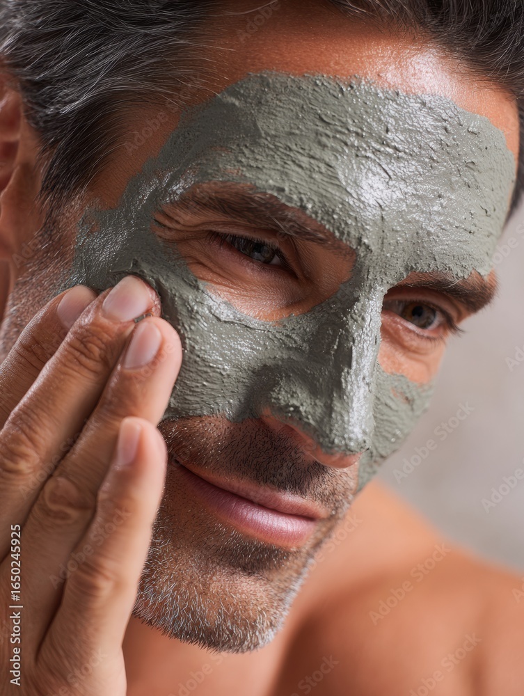 Fototapeta premium Facial Mask Application by Man in Cozy Indoor Setting During Evening