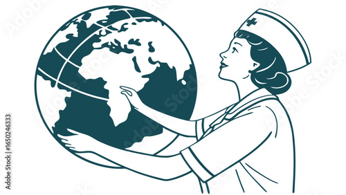 Nurse holding the world, representing global healthcare isolated on white background