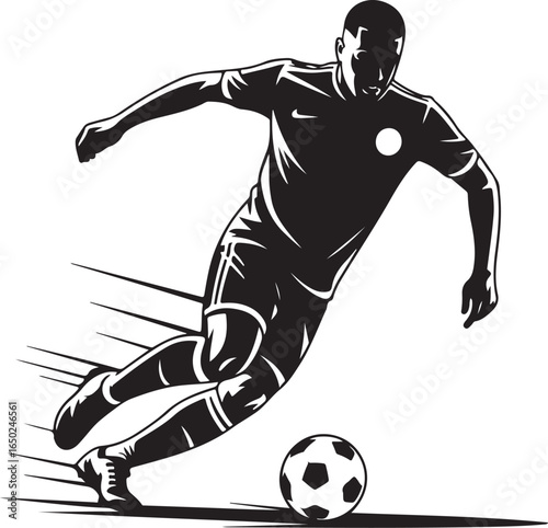 Dynamic soccer player in action, dribbling ball with speed