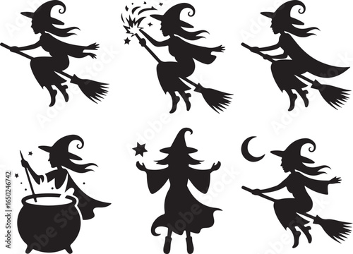 Mystical witches casting spells on brooms at night