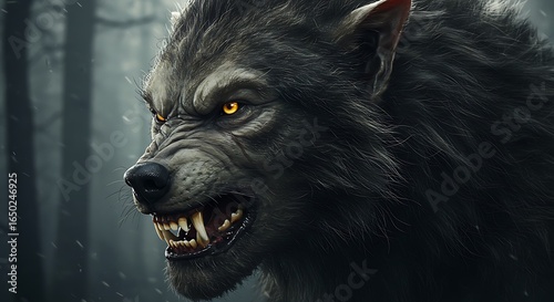 Close-up of werewolf face snarling