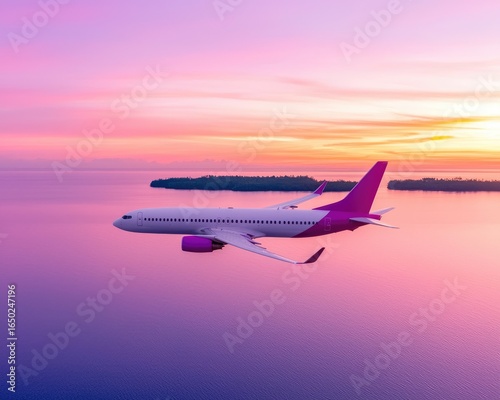 Wallpaper Mural A passenger jet soars over a vast body of water at sunset, painted with vibrant pinks, purples, and oranges. Small islands dot the horizon, under a streaked sky Torontodigital.ca
