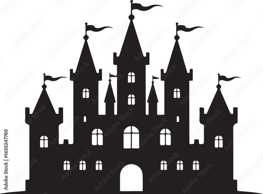 Fototapeta premium Majestic castle silhouette with flags, fantasy icon