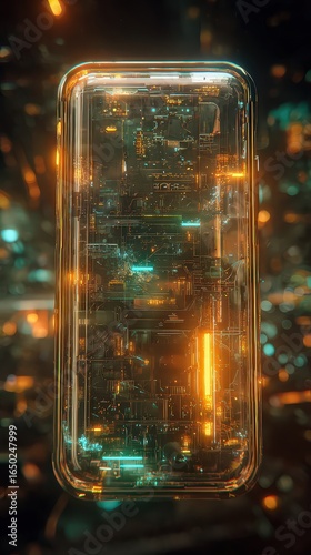 Transparent 3D Phone Mockup With Glowing Circuit Pattern