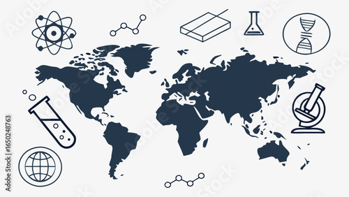 Global science and research with scientific icons around the world map