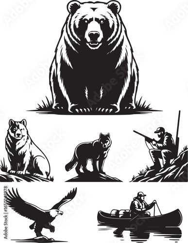 Explore wild adventure with bear, wolf, eagle, hunter, canoe