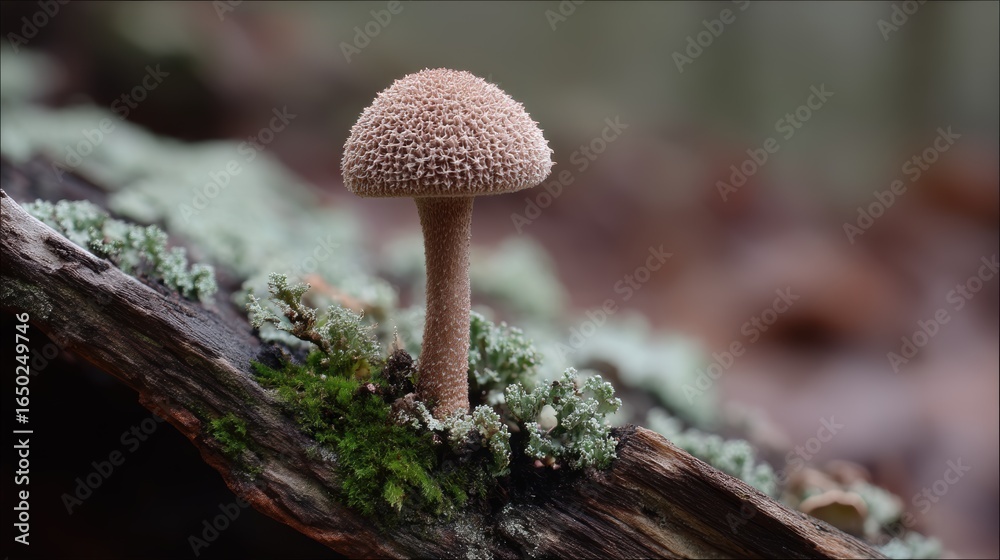 Textured mushroom on mossy log with soft blurred background, fungi illustration, nature education, gardening blog, forest ecosystem aesthetic


