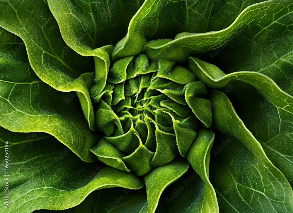 Fototapeta premium Close-up of a green sunflower bud with many leaves, top view. Sunflowers ready to bloom on the farm background. Floral nature concept. Stock photo contest winner, award-winning photography, high resol