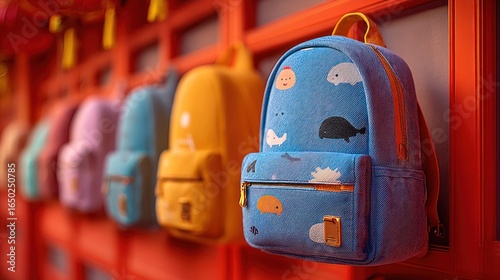 Cute blue children's school bag with animal patterns hanging on classroom wall, surrounded by other backpacks and colorful decorations, vibrant red, orange