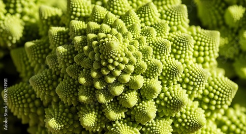 Macro close-up of vibrant green Romanesco broccoli showcasing its intricate fractal spiral pattern