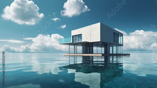 Surreal minimalist glass house floating above a calm sea under a dramatic sky with cumulus clouds