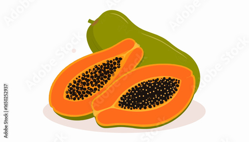 Minimalist vector illustration of two fresh papayas, one whole and one cut to reveal vibrant orange flesh with seeds.