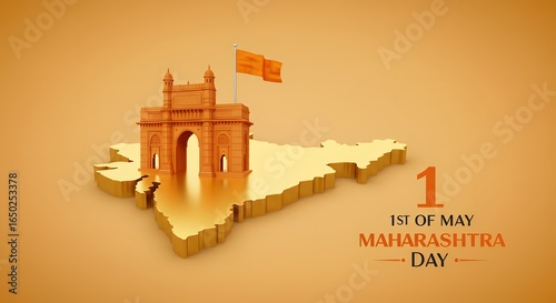 Golden 3d illustration of maharashtra map with gateway of india monument and flag, celebrating maharashtra day on may 1st