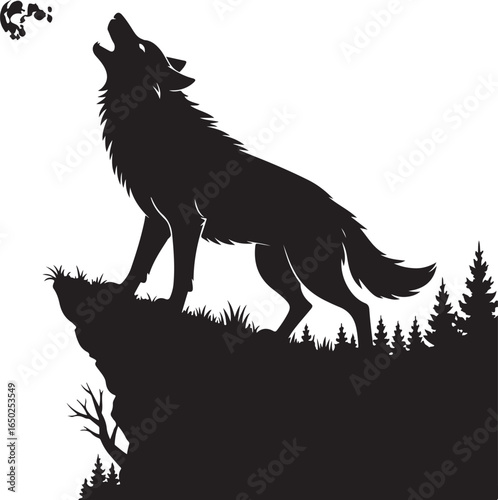 Wolf howls at moon from cliff top