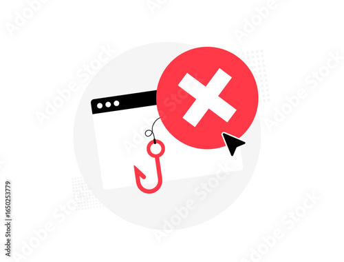 Phishing Protection concept. Blocked fraudulent website link with red warning sign and cursor click, symbolizing online security, cyber defense and safe browsing. Isolated flat vector illustration