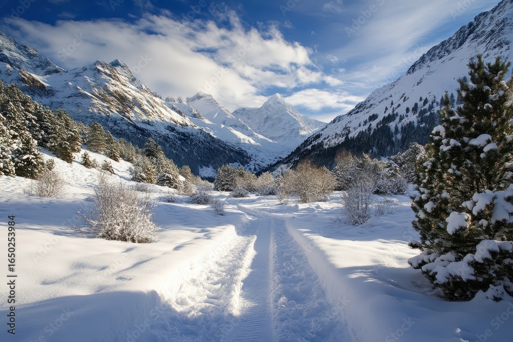 Fototapeta premium snowy mountain valley path winter landscape.
